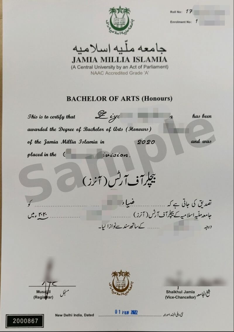 Sample degree certificate